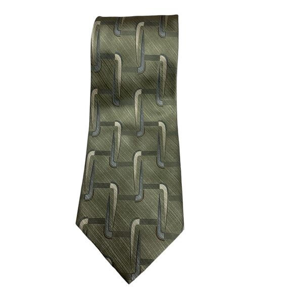 Massini Collection Men's Geometric Print 100% Silk Neck Tie Olive Green Classic‎ - Picture 1 of 10